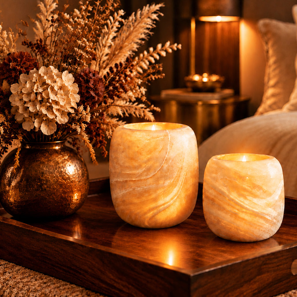 Alabaster waxinelichthouders set